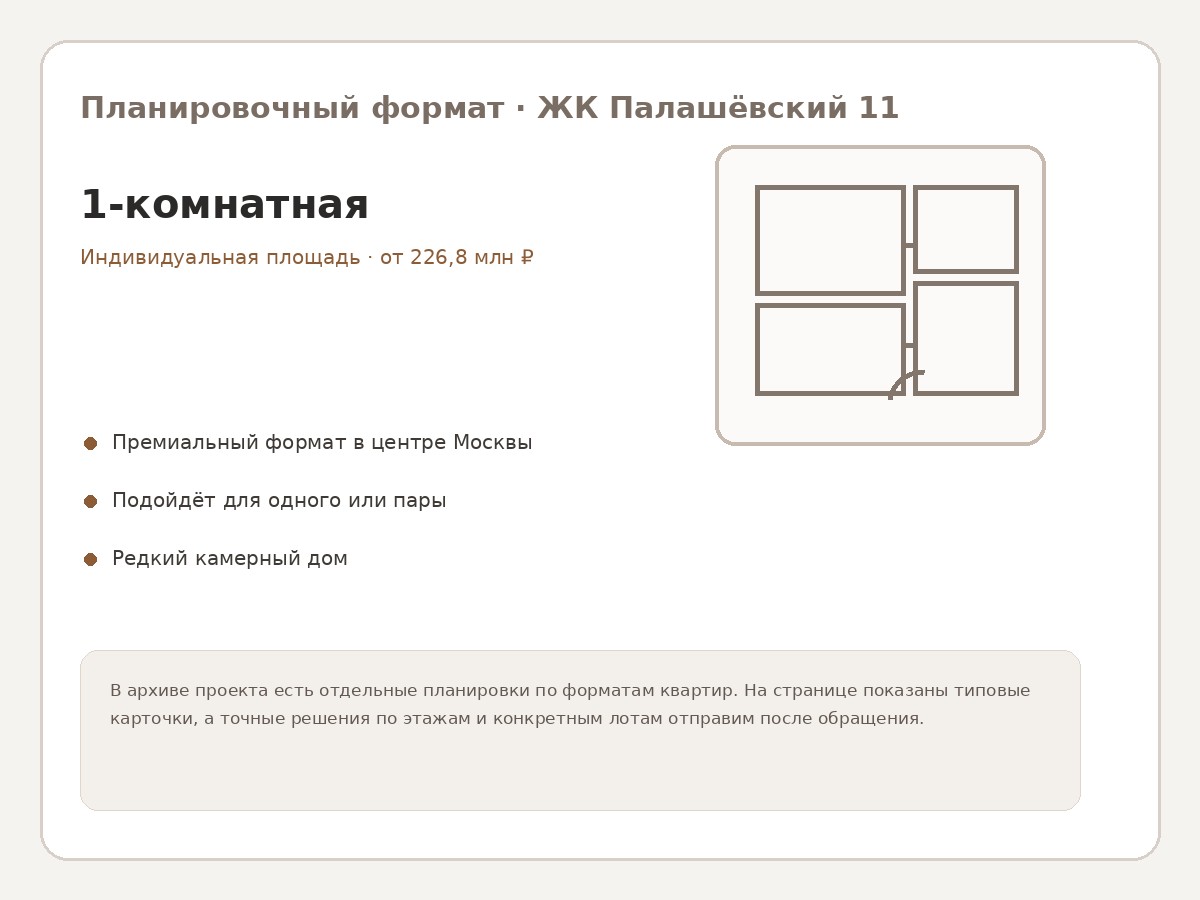 Формат квартиры — 1-комнатная в ЖК Палашёвский 11